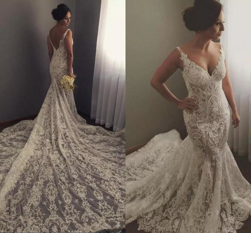 Modern Sleeveless V Neck Wedding Dress Mermaid Bridal Gowns with Lace Appliques-showprettydress
