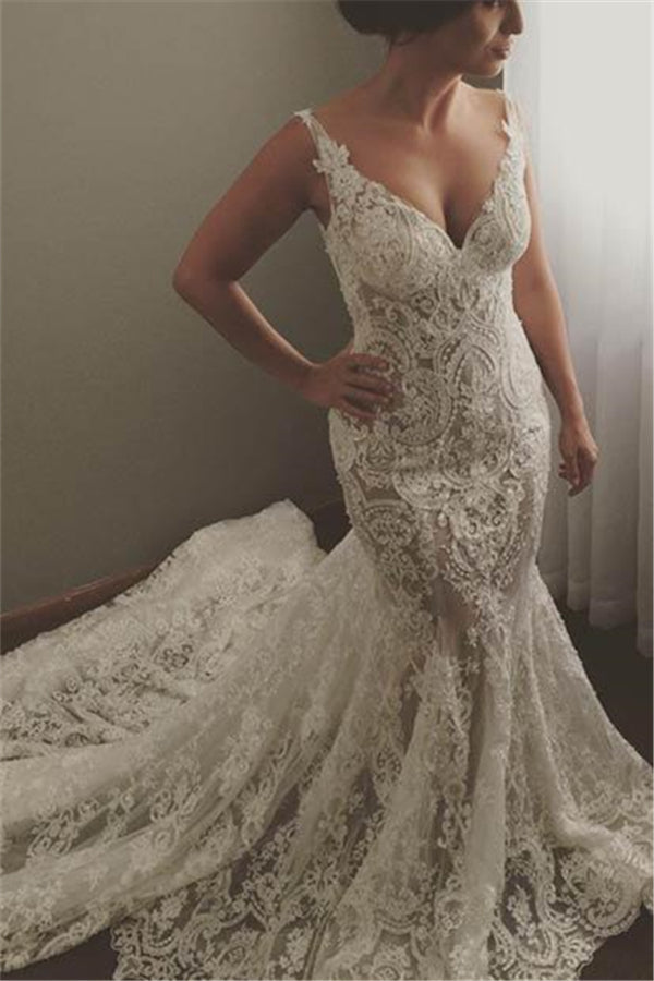Modern Sleeveless V Neck Wedding Dress Mermaid Bridal Gowns with Lace Appliques-showprettydress