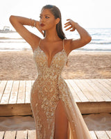 Modern Spaghetti Side Split Tulle Beach Wedding Dress-showprettydress
