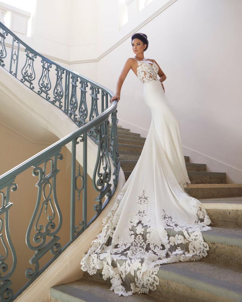 Modern Spaghetti Strap Wedding Dress Mermaid Chiffon Lace Bridal Gown-showprettydress