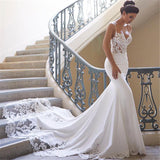 Modern Spaghetti Strap Wedding Dress Mermaid Chiffon Lace Bridal Gown-showprettydress
