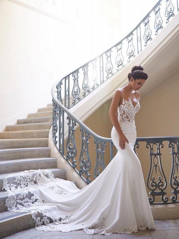 Modern Spaghetti Strap Wedding Dress Mermaid Chiffon Lace Bridal Gown-showprettydress