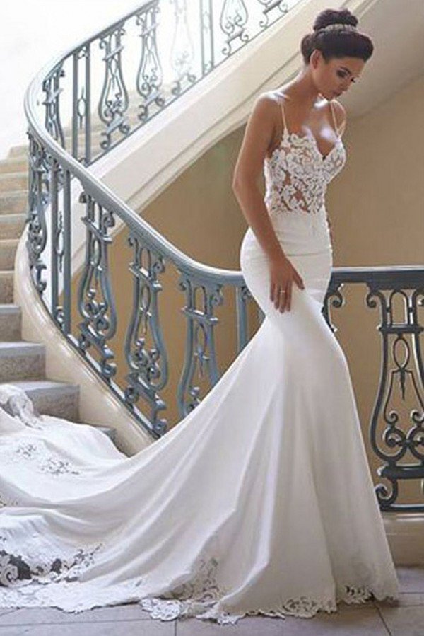 Modern Spaghetti Strap Wedding Dress Mermaid Chiffon Lace Bridal Gown-showprettydress