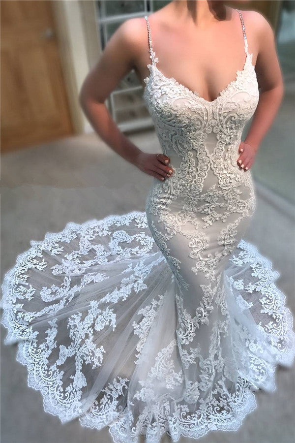 Modern Spaghetti Straps Lace Wedding Dresses Online Mermaid Dresses for Weddings-showprettydress
