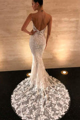Modern Spaghetti Straps V Neck Lace Mermaid Wedding Dress-showprettydress