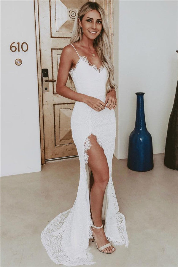 Modern Spaghetti Straps Wholesale Slit Lace Evening Dress Sleeveless Formal Dresses-showprettydress