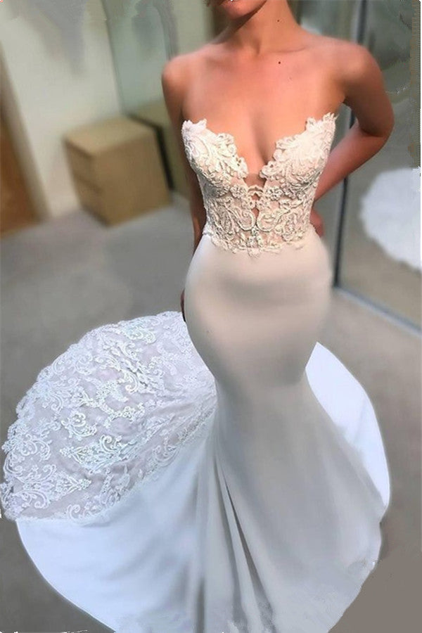 Modern Strapless Lace Wedding Dresses Online Classic Mermaid Open Back Bridal Gowns-showprettydress