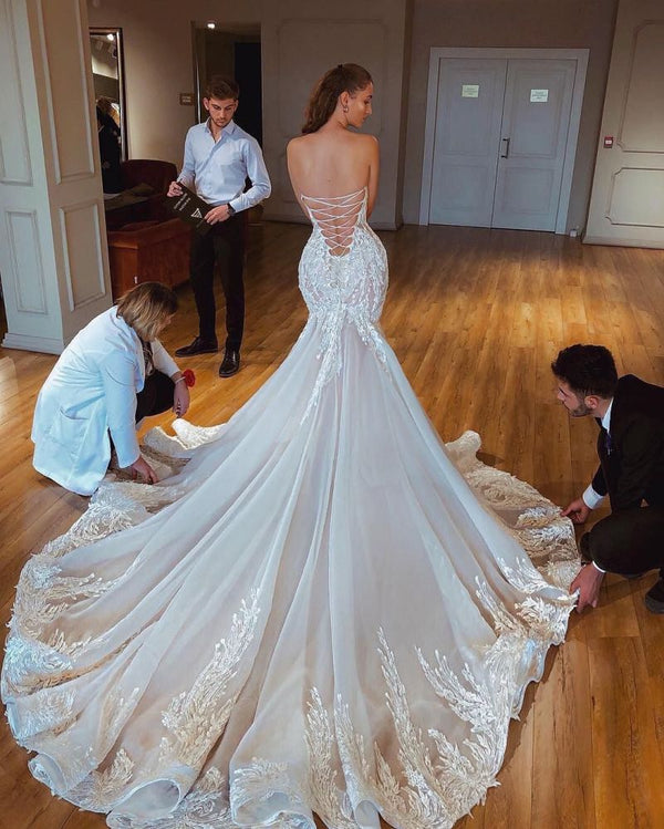 Modern Strapless Mermaid Puffy Appliques Bridal Bridal Gowns-showprettydress