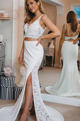 Modern two pieces Spaghetti V Neck Lace Side Slit Beach Wedding Dress-showprettydress