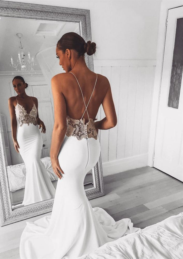 Modern V Neck Lace Spaghetti Strap Mermaid Wedding Dress Open Back Bridal Gown-showprettydress