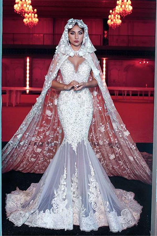 Modern V neck Long Wedding Dress with See through Long Train-showprettydress