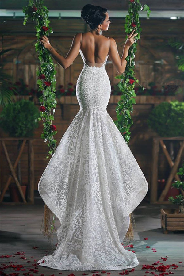 Modern V neck Mermaid Wedding Dresses Long Charming Lace Ope Back Tulle Straps Bridal Gowns-showprettydress