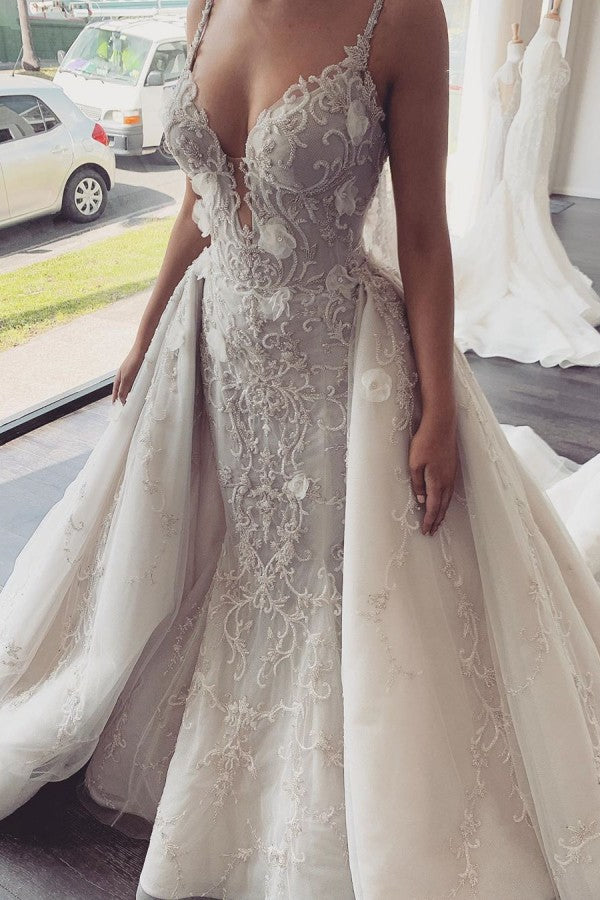 Modern V neck Sleeveless Lace Overskirt Bridal Gowns For Wedding New Arrival-showprettydress