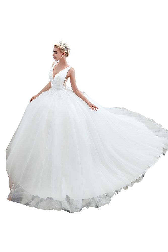 Modern V neck sleeveless White Princess Spring Wedding Dress-showprettydress