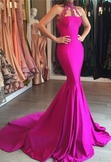 Modest High-Neck Mermaid Sleeveless Sweep-Train Lace-appliques Prom Party Gowns-showprettydress