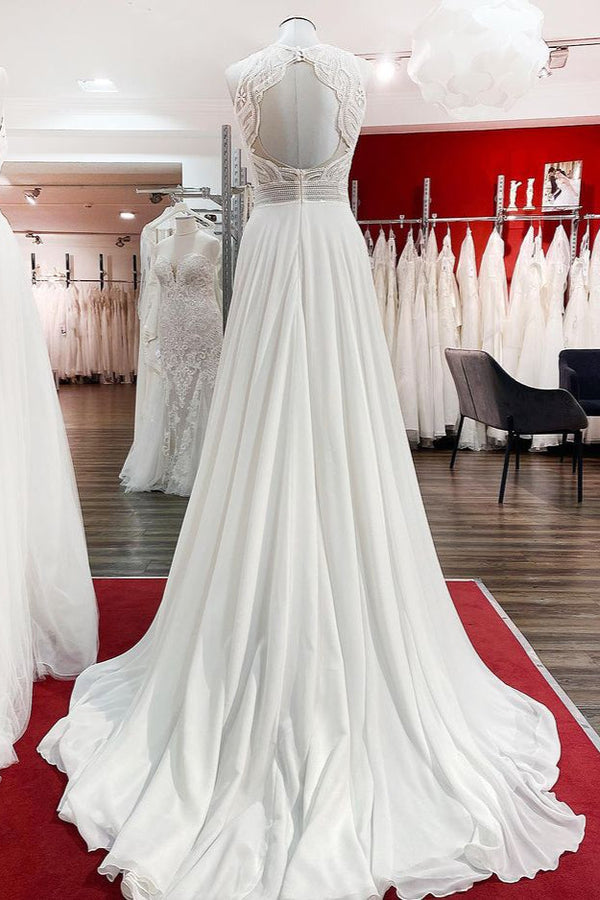 Modest Long A-line Chiffon Jewel Appliques Open Back Wedding Dress-showprettydress
