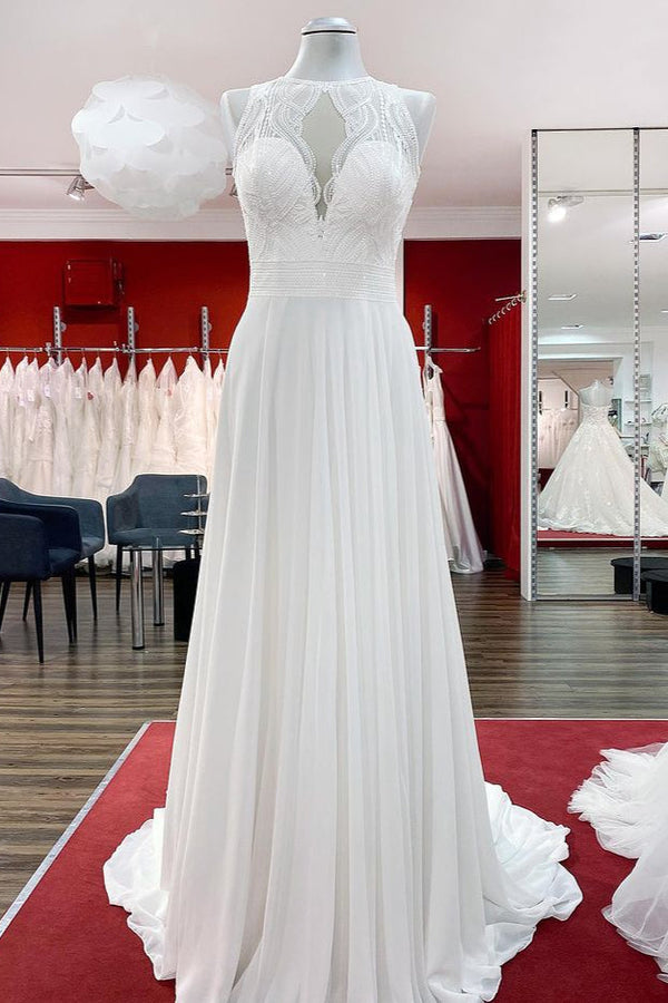 Modest Long A-line Chiffon Jewel Appliques Open Back Wedding Dress-showprettydress