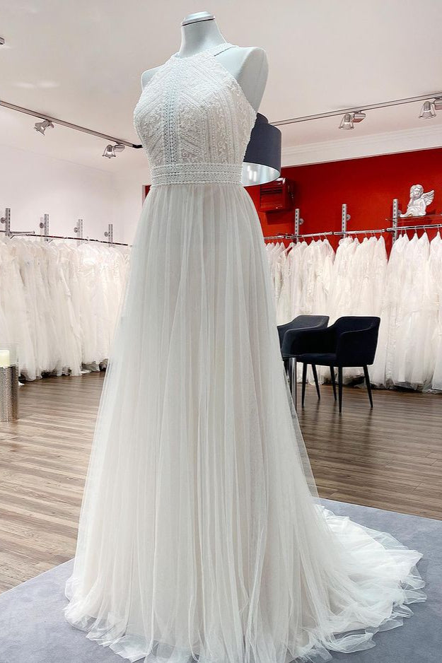 Modest Long A-line Halter Tulle Lace Backless Wedding Dresses-showprettydress