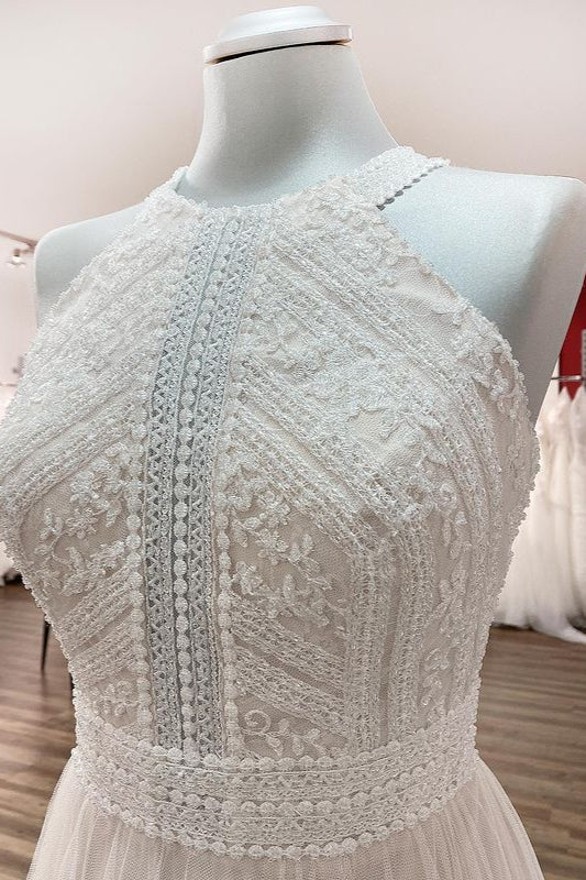 Modest Long A-line Halter Tulle Lace Backless Wedding Dresses-showprettydress