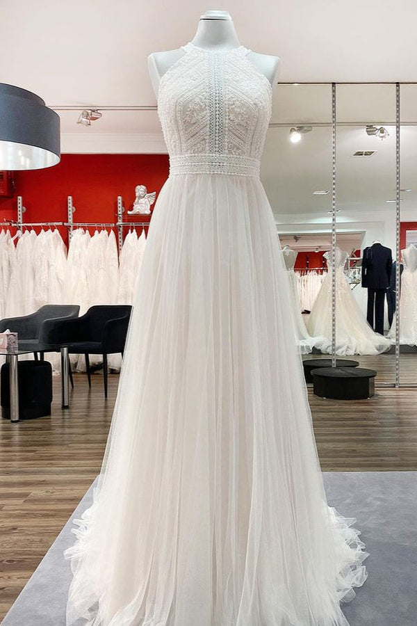 Tulle Wedding Dress, Halter Backless Wedding Dress, Lace White