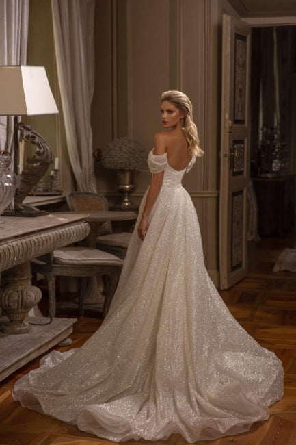 Modest Long A-line Off-the-shoulder Glitter Sleeveless Wedding Dresses-Showprettydress
