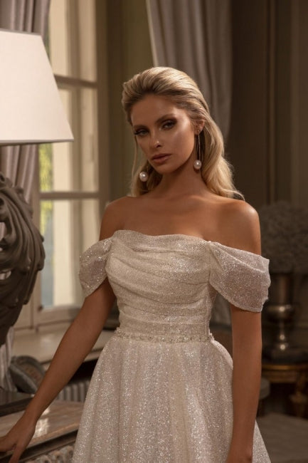Modest Long A-line Off-the-shoulder Glitter Sleeveless Wedding Dresses-Showprettydress