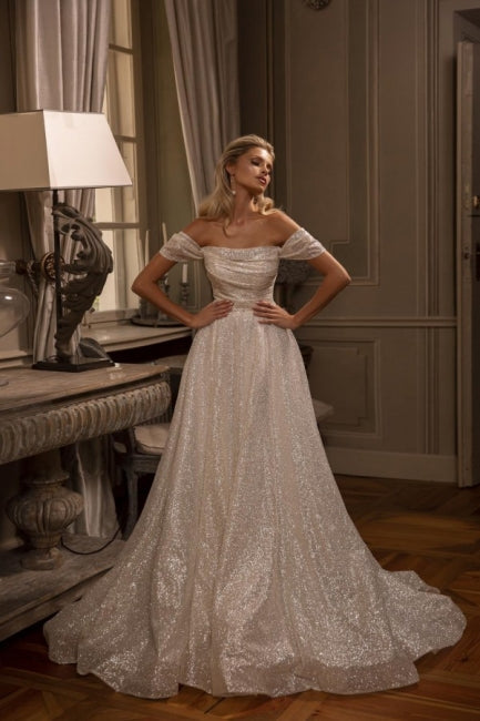 Modest Long A-line Off-the-shoulder Glitter Sleeveless Wedding Dresses-Showprettydress