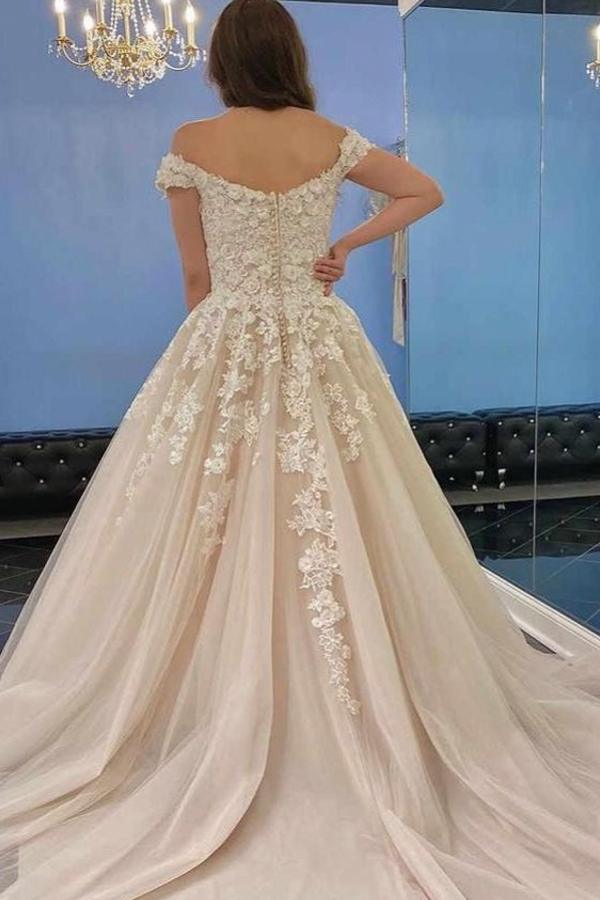 Modest Long A-line Off-the-Shoulder Tulle Lace Wedding Dress-showprettydress
