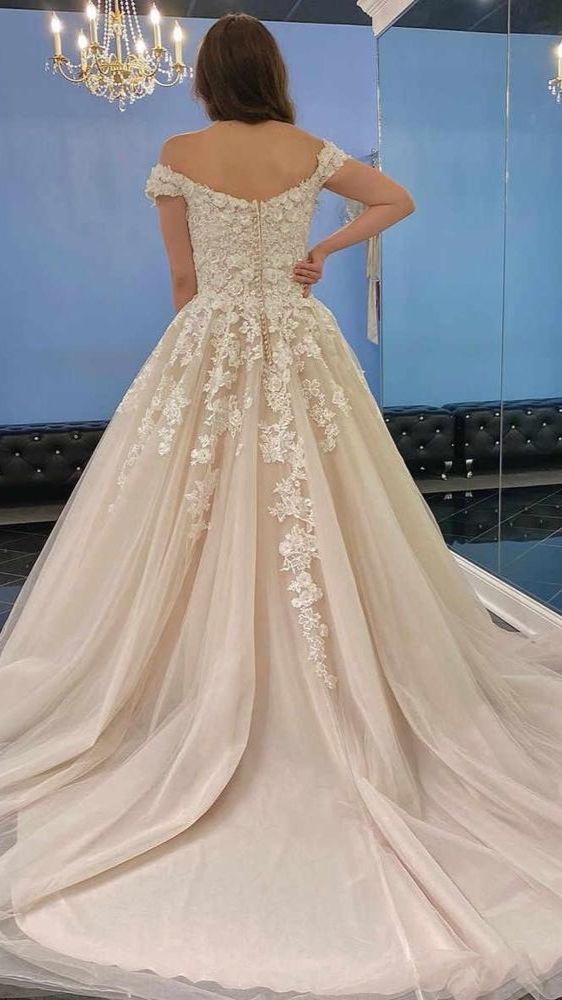 Modest Long A-line Off-the-Shoulder Tulle Lace Wedding Dress-showprettydress