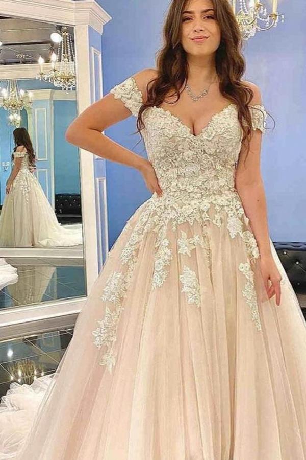 Modest Long A-line Off-the-Shoulder Tulle Lace Wedding Dress-showprettydress