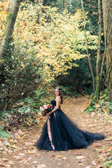 Modest Long A-line Princess Strapless Tulle Black Wedding Dress with Appliques Lace-showprettydress