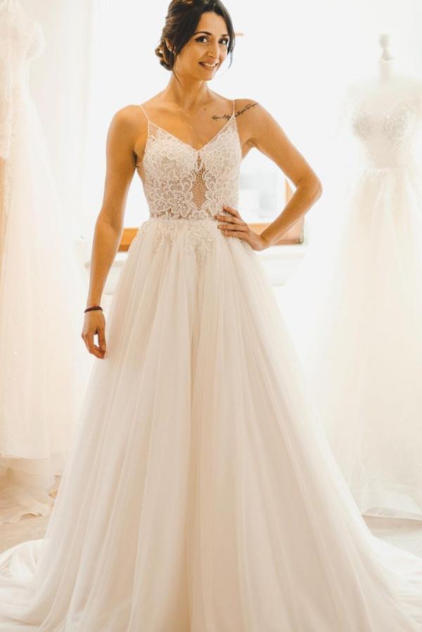 Modest Long A-line Spaghetti Straps Tulle Backless Wedding Dress-showprettydress