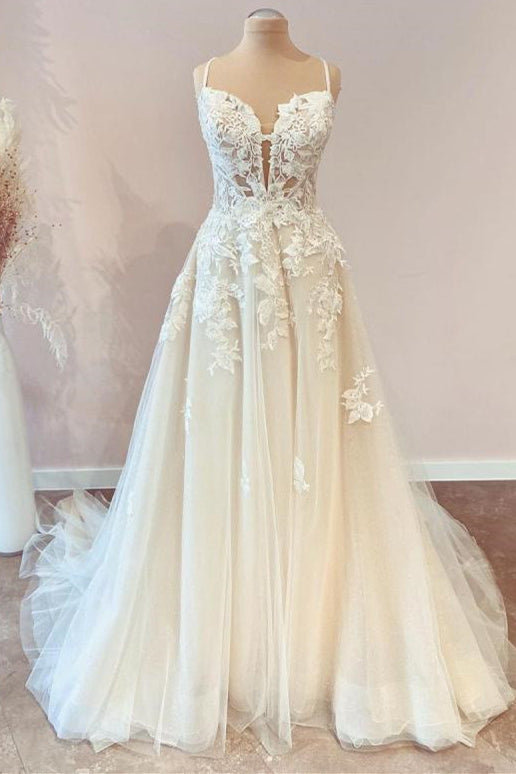 Modest Long A-line Spaghetti Straps Tulle Wedding Dress with Appliques Lace-showprettydress