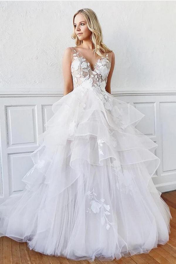 Modest Long A-line V-Neck Spaghetti Straps Tulle Backless Wedding Dress-showprettydress