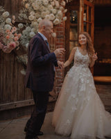 Modest Long A-line V-neck Tulle Backless Wedding Dress with Appliques Lace-showprettydress