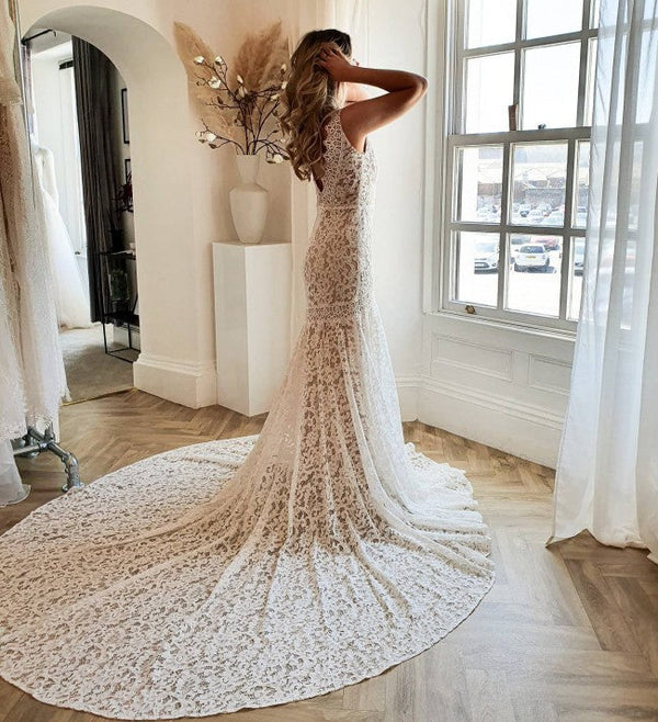 Modest Long Mermaid V-neck Open Back Lace Wedding Dress-showprettydress