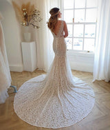 Modest Long Mermaid V-neck Open Back Lace Wedding Dress-showprettydress
