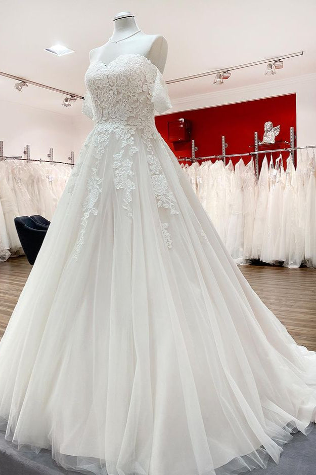 Modest Long Princess Off The Shoulder Tulle Lace Wedding Dress-showprettydress