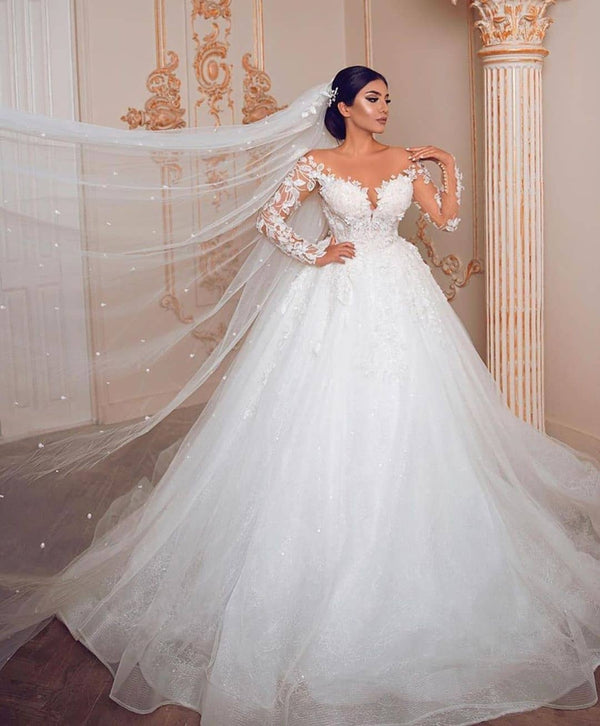 Modest Long Princess Tulle Lace Wedding Dress with Sleeves-showprettydress