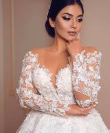 Modest Long Princess Tulle Lace Wedding Dress with Sleeves-showprettydress