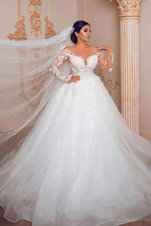 Modest Long Princess Tulle Lace Wedding Dress with Sleeves-showprettydress