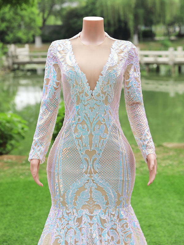 Modest Long Sleeves Mermaid V-neck Sequined Formal Prom Dresses-showprettydress