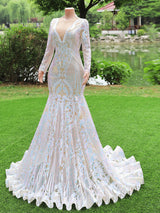 Modest Long Sleeves Mermaid V-neck Sequined Formal Prom Dresses-showprettydress