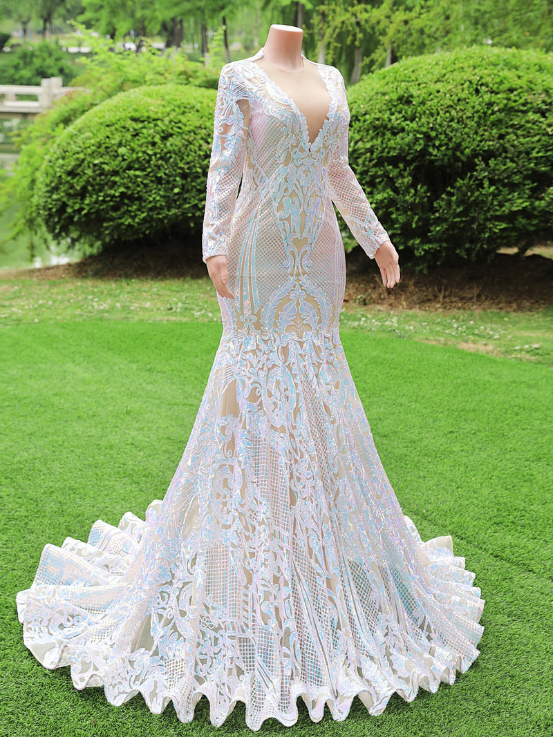 Modest Long Sleeves Mermaid V-neck Sequined Formal Prom Dresses-showprettydress