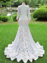 Modest Long Sleeves Mermaid V-neck Sequined Formal Prom Dresses-showprettydress