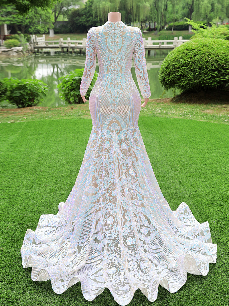 Modest Long Sleeves Mermaid V-neck Sequined Formal Prom Dresses-showprettydress