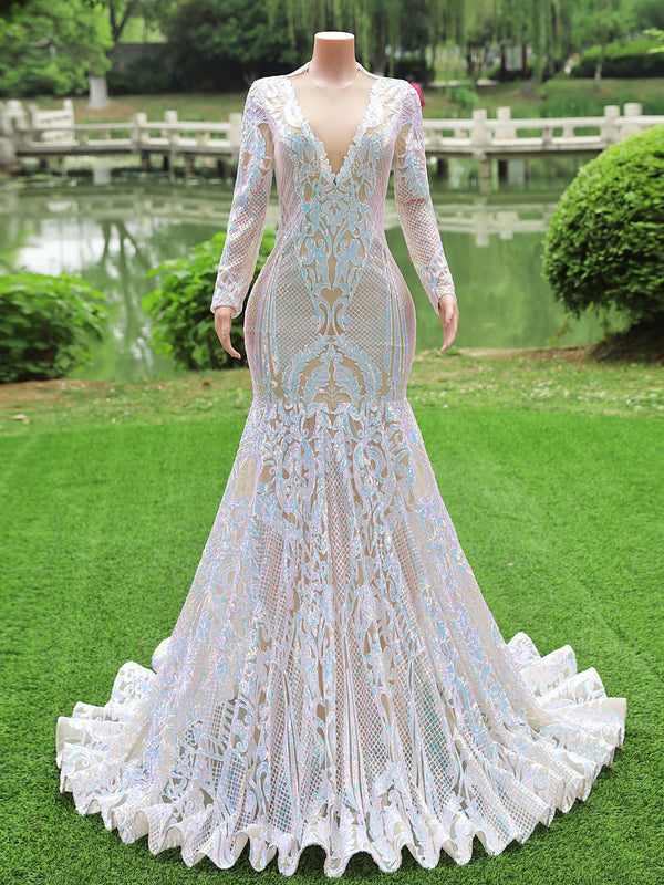 Modest Long Sleeves Mermaid V-neck Sequined Formal Prom Dresses-showprettydress