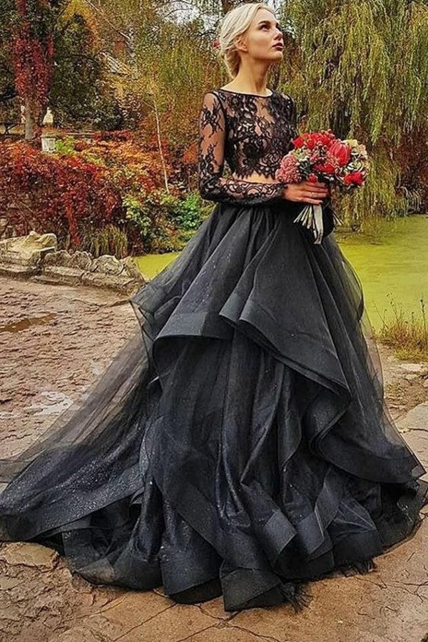 Modest Long Two Piece Tulle Lace Puffy Black Wedding Dress With Sleeves-showprettydress