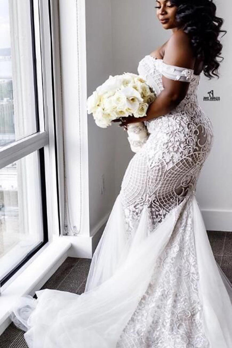 Modest Plus Size Long Mermaid Off-the-Shoulder Lace Wedding Dresses-showprettydress