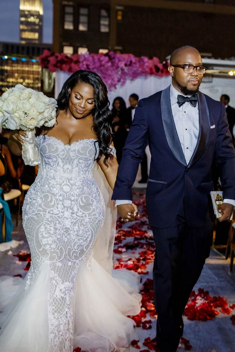Modest Plus Size Long Mermaid Off-the-Shoulder Lace Wedding Dresses-showprettydress
